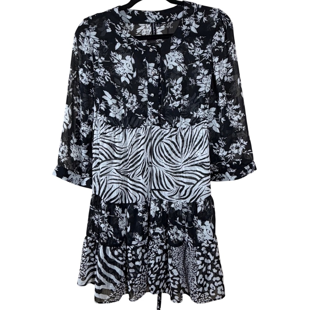Essentials By Milano Mixed Print Mini Dress Black White Floral Zebra Leopard M